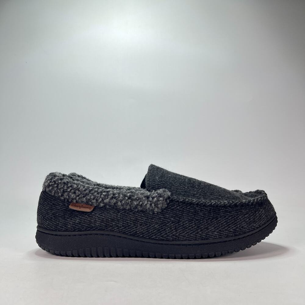 Dearfoams Cozy Charcoal Gray Herringbone Comfort Moccasin Slippers Men's Size 14